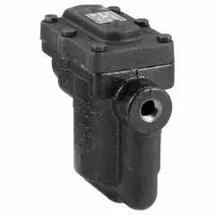 Cast iron inverted-bucket steam trap with 1/2 in FNPT connections, in-line configuration for horizontal installation. Maximum capacity 1,200 lb/hr, maximum pressure 75 psi, maximum temperature 450°F. Includes strainer. Used to discharge condensate from steam lines while preventing steam loss.