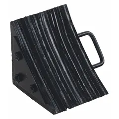 Single black laminated rubber wheel chock measuring 10 3/8 in length, 8 in width, and 8 in height. Features extended handles for easier placement and removal. Used to prevent vehicle movement during loading, unloading, or maintenance in industrial and warehouse settings.