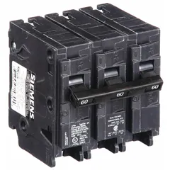 The SIEMENS Q360 is a 60 A, 240V AC, 3-pole miniature circuit breaker of the standard type. It is a plug-in breaker designed for overcurrent and short-circuit protection in branch circuits. Suitable for use in residential and commercial load centers.
