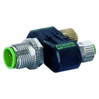M12 male straight, 3-pole to (2) M8 female straight, 3-pole T-style coupler. Rated IP65 for dust and water ingress protection. Used to split a single M12 connection into two M8 ports for signal or power distribution in sensor networks and automation systems