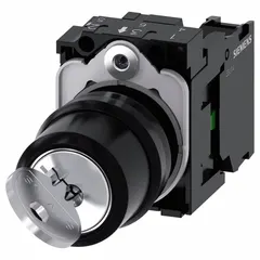 This panel-mounted key switch from the Siemens 3SU1100 series features a 22 mm mounting size and a 1NO contact form with maintained switch action. The key can be removed in any position. It is suited for industrial control applications requiring key-operated switching, such as machine safety circuits or access control.