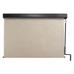 Pole-and-crank-operated sun shade with 72-inch valence width and 72% UV protection. Features oil-rubbed bronze valance, Maui fabric color, right-side operation, and bungee-and-hook tie-down system. Suitable for outdoor spaces such as patios, decks, or storefronts requiring adjustable shade.