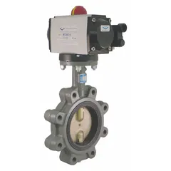 Cast iron lug-style butterfly valve with air-to-air pneumatic actuator for on/off or throttling control of water media. Suitable for general-service applications in industrial piping systems. Pilot solenoid voltage not included.