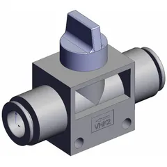 Manual air control valve with knob actuator, 2 ports, 10 mm side-ported body, and gray actuator. Used to start, stop, or direct compressed air flow in pneumatic systems. Suitable for panel-mount or inline applications.