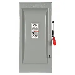 Fusible safety switch rated 100 A at 600V AC, three-phase, housed in a galvanized steel enclosure for indoor use. Provides overcurrent protection and a means of disconnecting power for maintenance on three-phase electrical circuits.