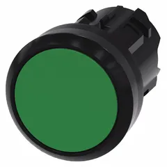 Green momentary-action flush-mount push-button operator from the Siemens 3SU series. Features a 22 mm mounting size and non-metallic push button material. Suitable for industrial control panel applications such as start, reset, or acknowledgment functions.