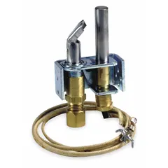 Universal pilot assembly for LP fuel, featuring a 90° left orientation and an integrated thermopile. Designed for use in standing pilot LP gas heating systems, it replaces OEM part PG9 and is part of the Uni-Line 1820 series.