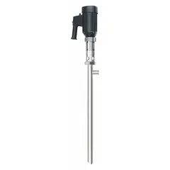 This Dayton sanitary progressive cavity electric drum pump is designed for transferring fluids from drums or containers. It operates on 110 V AC with a 1 1/10 hp motor and delivers a maximum head of 200 ft. The pump features a stainless steel suction tube and is a pump-only unit, requiring a separate motor or drive. Typical applications include food processing, pharmaceutical, and chemical industries where hygiene and gentle fluid handling are required.