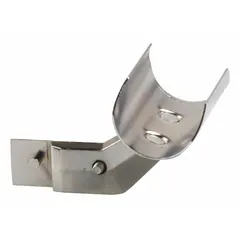 Heavy-duty steel spring clip bracket with chrome finish for snap-on mounting to slotted-standard shelving. Accommodates 1-1/4 in and 1-5/16 in round tubing. Measures 2 in x 2 in x 2 in with 16 ga gauge. Suitable for securing tubing in retail displays and shelving systems.