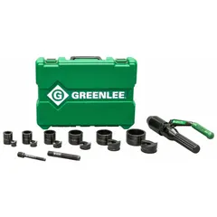 This hydraulic punch driver set includes a Quick Draw Hydraulic Driver and Slug Buster punches and dies in 1/2, 3/4, 1, 1-1/4, 1-1/2, and 2 inch sizes. It is used for cutting holes in mild steel enclosures and panels for conduit or cable entry. The set comes with two draw studs, one adapter, one spacer, and a plastic carrying case.