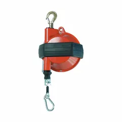 This tool balancer supports tools weighing 39.60 to 48.40 lb, with a 6.5 ft cable length. Constructed of aluminum with a swivel hook and safety catch. Used in assembly lines, maintenance shops, and industrial workstations to suspend heavy tools and reduce operator fatigue.