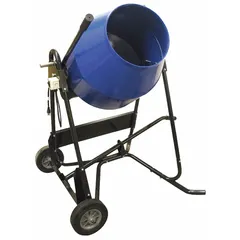 This corded concrete mixer features a 3 cu ft steel drum and a welded steel frame, operating on 115 V. It is designed for mixing concrete on construction and renovation sites where a portable batch mixer is required.