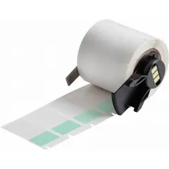 Green matte vinyl wraparound label measuring 1 1/2 in x 3/4 in, designed for wire gauges 10 AWG to 4 AWG. Used for permanent identification of wires and cables in electrical panels and industrial settings. Compatible with BMP71 printer series; requires M61-R4310 ribbon.