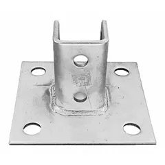 Hot dipped galvanized steel post base for 1-5/8 in x 1-5/8 in single strut channel. Features six holes for secure attachment. Used to anchor vertical strut members to floors or foundations in industrial racking, cable tray supports, and mechanical equipment mounting.