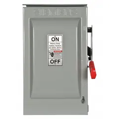 Fusible safety switch rated 60 A, single phase, 600V AC. Galvanized steel enclosure suitable for indoor and outdoor use. Provides a means to safely disconnect and isolate electrical circuits for maintenance or emergency shutdown in industrial and commercial applications.