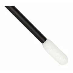 Cleanroom swab with a flexible rectangular polyurethane foam head (100 ppi) and a white polypropylene handle. Overall length 4 1/2 in, tip length 13/16 in, handle length 3 5/8 in. Designed for cleaning adhesives and precision solvent application in controlled environments.