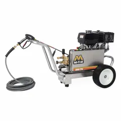 Cart-mounted cold water pressure washer delivering 3800 psi at 3.7 gpm. Powered by a Honda engine, rated for 20 hours of use per week. Suitable for heavy-duty cleaning of equipment, surfaces, and vehicles in industrial settings.