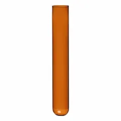 Amber glass test tube with 13 mm body diameter and 100 mm overall height, round bottom. Not graduated and does not include a closure. Used for general laboratory mixing, storage, and observation of light-sensitive samples.