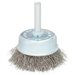 This cup brush features a crimped stainless steel fill with a 0.01 in fill diameter for light cleaning of stainless steel surfaces. With a 2 in brush diameter and 1/4 in shank, it is suited for weld cleaning, deburring, and surface preparation in metal fabrication and maintenance.