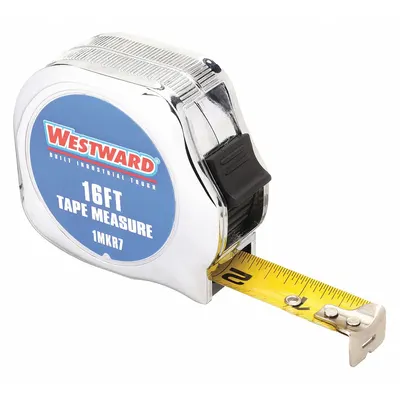 WESTWARD Tape Measure: Nonmagnetic Single Hook Tip, 16 ft, Chromed Plastic - Standard (Inch) Tape Measures