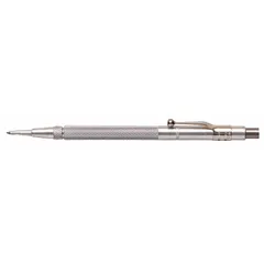 Straight single-end scriber with a carbide tip for marking lines on metal, wood, or plastic surfaces. Aluminum body with knurled grip for secure handling. Magnetic base allows temporary attachment to ferrous surfaces. Removable tip for replacement or versatility.