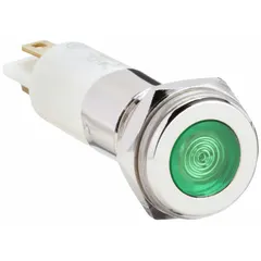 This LED indicator pilot light features a green flush head for low-profile panel mounting in a 10 mm hole. It provides a clear visual status signal on industrial control panels and machinery. The 0.11 male quick disconnect electrical connection simplifies wiring during installation.