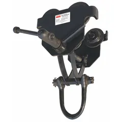 This push trolley suspends and manually moves a hoist along a flat beam. It accommodates beam flanges 2 3/8 in to 5 5/8 in wide and supports a maximum hoist load of 1,000 lb. The cast iron frame provides structural support for workshop, warehouse, and assembly line applications.