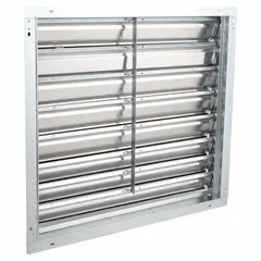 This wall-mount backdraft damper features a single-panel, flat-blade design for horizontal airflow control. It mounts vertically and is suitable for exhaust systems requiring one-way airflow, such as commercial ventilation and industrial HVAC. Maximum air velocity is 2500 fpm.
