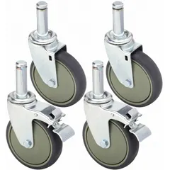 This caster kit includes two swivel casters with brakes and two rigid casters, designed for wire shelving. The 5-inch polyurethane wheels on a steel frame provide smooth rolling and floor protection. Suitable for adding mobility to storage units in warehouses, commercial kitchens, and industrial settings.