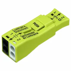 2-pole push-in luminaire disconnect with male/female plug-to-socket design. Accepts 18 AWG to 12 AWG conductors on both ballast and line sides. Nylon housing with copper contacts. Used in lighting fixtures to separate ballast from line side for safe maintenance.