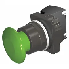 Momentary-action mushroom-head push button with a 30 mm non-metallic profile and one normally closed (1NC) contact. Pressure plate terminals. Used as an emergency-stop or control actuator in industrial machinery and panel applications.