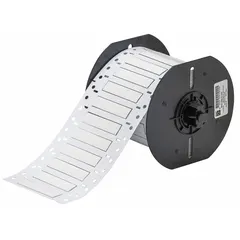 Polyolefin sleeve label roll for on-demand wire and cable identification. White matte finish, 1/4 in x 2 in size, suitable for 8 AWG to 16 AWG wire gauge. Compatible with BBP33 printer series. Used in electrical panels, machinery, and control systems for clear, long-lasting marking.