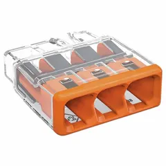 3-port push-in connector for solid copper wires from 20 AWG to 12 AWG. Rated 32 A and 600 V. Tool-free insertion for splicing and branching in junction boxes, lighting fixtures, and control panels.