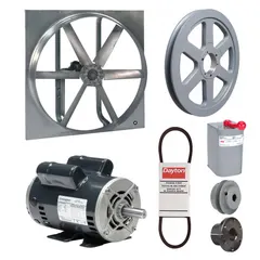 Belt-drive reversible panel fan with drive package for industrial ventilation. 48-inch blade, 2 hp open dripproof motor, single-phase, 115/208-230V AC. Used for exhaust or supply air in warehouses, factories, and commercial buildings.