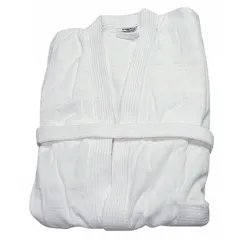 White bathrobe made from 100% cotton with a 48-inch overall length. Designed for use in hospitality, spa, and healthcare settings where comfort and absorbency are required after bathing or treatments.