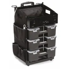 Heavy-duty modular tool utility cart with a black finish and black drawer. Dimensions: 14 1/2 in width, 37 1/2 in depth, 45 in height. No lid. Includes a padlock for security. Suitable for organizing and transporting tools in industrial workshops, maintenance facilities, and warehouses.