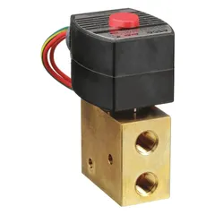 This 3-way/2-position configurable solenoid valve features a 1/4 in pipe size and operates on 120V AC (also compatible with 110V AC). It includes a watertight coil enclosure and a manual reset function. Suitable for directing or blocking flow in pneumatic and fluid control systems, such as actuating cylinders or controlling pilot valves.