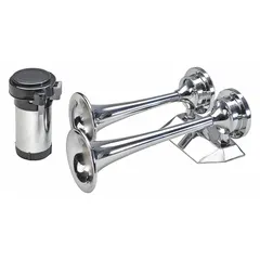 This chrome-plated silver high-tone horn kit includes a hose for installation. Designed for boats, it delivers a marine-grade warning signal for navigation and safety alerts.