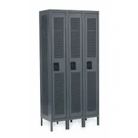 This unassembled steel wardrobe locker features a ventilated door for airflow, suitable for employee changing rooms and similar environments. It is 36 inches wide, 18 inches deep, and 78 inches high, configured as one tier and three units wide. The gray finish provides a neutral appearance. Number plate is not included