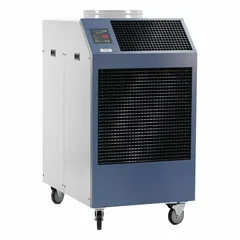 This heavy-duty portable air conditioner provides 60,100 BtuH of cooling capacity for indoor spaces from 1,250 to 2,500 sq ft. It operates on 208/230V AC and includes an air filter. Suitable for cooling large areas such as industrial facilities, warehouses, and event spaces.