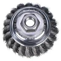 This cup brush from WEILER is designed for heavy cleaning of contoured carbon steel surfaces. It features standard twist knot wire bristles with a 0.014 in fill diameter and a 3 1/2 in diameter. The 5/8"-11 arbor hole allows secure mounting on compatible tools for industrial surface preparation, weld cleaning, and rust removal