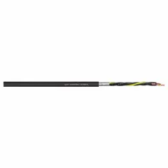 Shielded continuous flexing cable with 18 conductors of 14 AWG, PVC jacket, black. Minimum bend radius factor 4 x OD for fixed installations and 6 x OD for flexible applications. Used in cable carrier systems and exposed runs where repeated bending occurs.