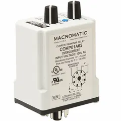 Socket-mounted plug-in overcurrent relay with adjustable trip point from 0.1 to 1 A. Rated 10 A at 120V AC, with pin electrical connection. Monitors overcurrent conditions in industrial control circuits to protect equipment from excessive current.