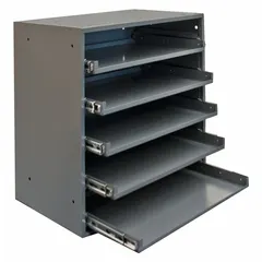 This stackable cabinet frame accommodates up to five drawers for organized storage of small parts, tools, or components. The gray steel frame features a bearing system for smooth drawer operation. Suitable for workshops, warehouses, and assembly lines requiring customizable compartment storage.