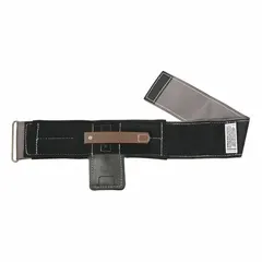 Leather pole climber pads with leather straps, measuring 21 inches long and 4 inches wide. Designed for use with Klein Tools pole and tree climbers, providing leg support and comfort during climbing.