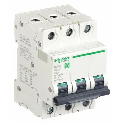SCHNEIDER Supplementary Protector: 2 A Amps, 14kA at 240V AC, Screw Clamp - D-Curve, 3-Pole UL1077 DIN Rail-Mount Supplementary Protectors