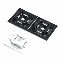 Adhesive mount cable tie base for securing miniature, intermediate, and standard cable ties to smooth surfaces. Measures 1 in length by 1 in width by 0.2 in height with a slot width of 0.2 in and slot height of 0.06 in. White. Pack of 100.