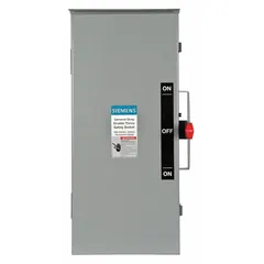 This non-fusible safety switch is rated 100 A, single phase, 240V AC. The galvanized steel enclosure allows indoor or outdoor installation. It provides a means to manually disconnect power for maintenance or emergency shutdown in electrical systems.