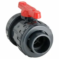 This ASAHI ball valve is a 2-inch, straight, one-piece, tee-type PVC valve rated for 230 psi CWP. It is used for on/off flow control in industrial piping systems handling water, chemicals, or corrosive fluids where corrosion resistance is required.