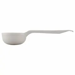 This CARLISLE portion control spoon is made of solid acetal in white, with an 8-inch overall length and a 3 oz capacity. It is NSF certified for use in commercial foodservice environments. The short handle design is suited for portioning solid foods consistently.